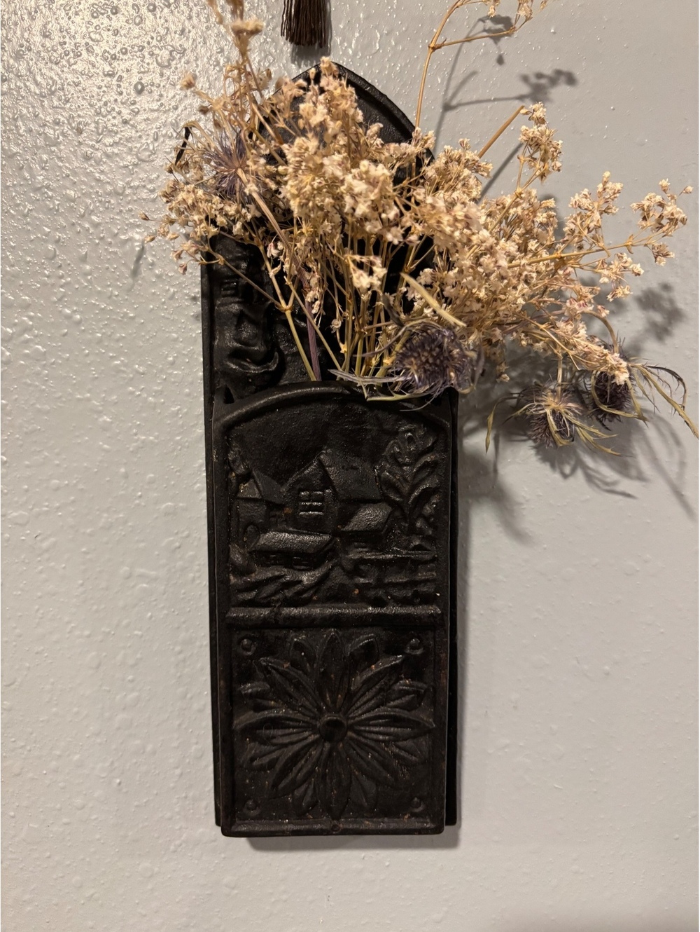 Vintage Cast Iron Wall Pocket Match Holder with Scenic Design
